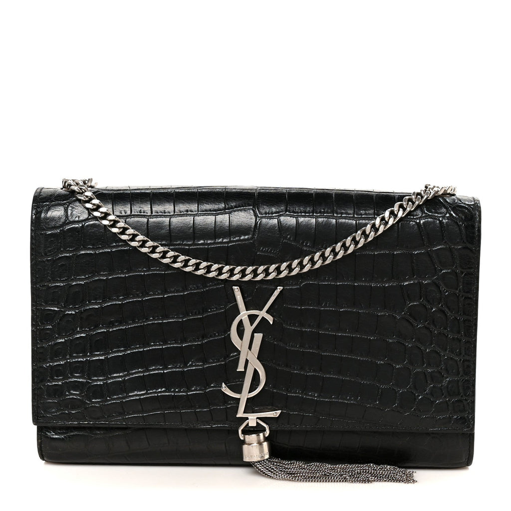 Calfskin Crocodile Embossed Medium Classic Monogram Kate Tassel Satchel Black