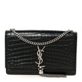 Calfskin Crocodile Embossed Medium Classic Monogram Kate Tassel Satchel Black