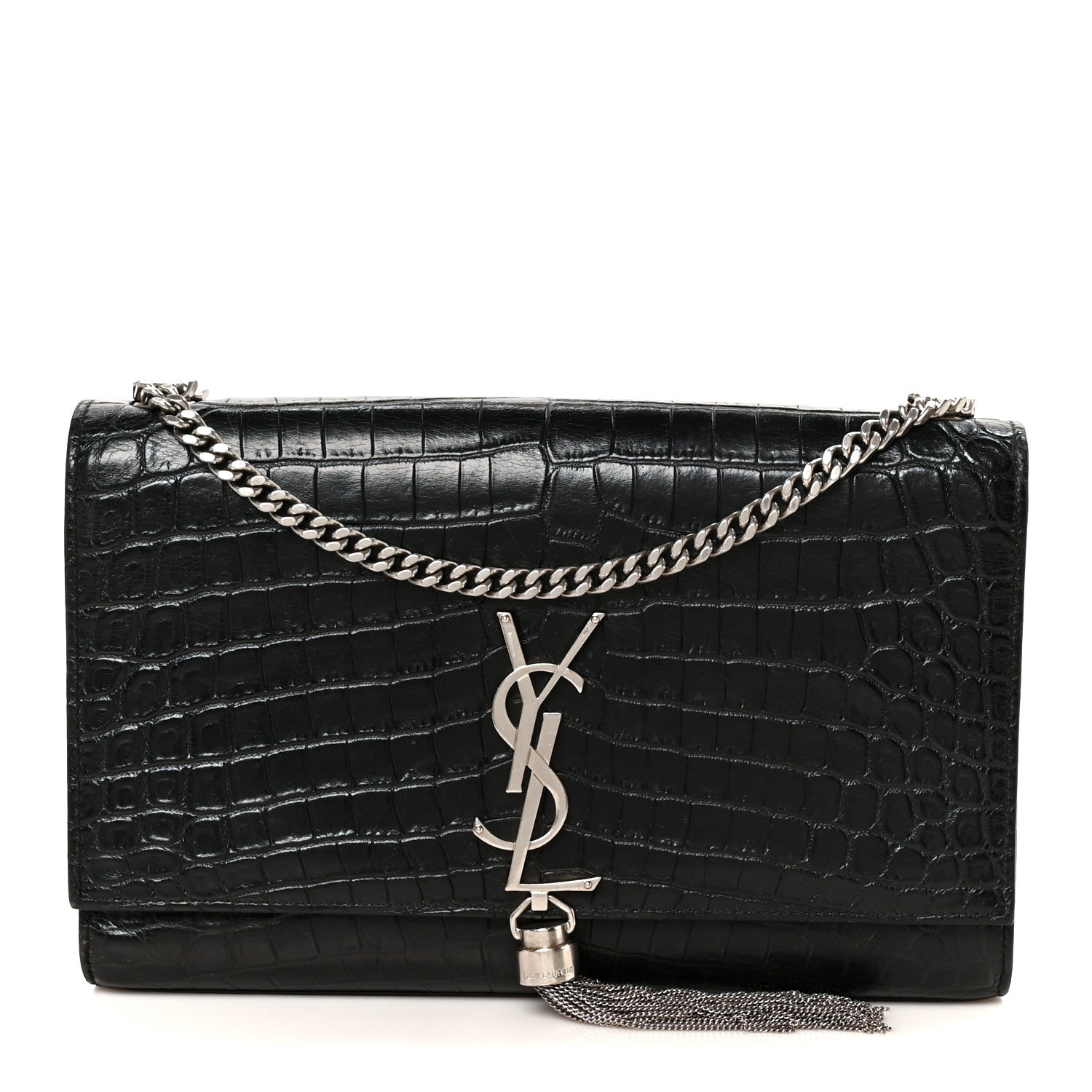 Calfskin Crocodile Embossed Medium Classic Monogram Kate Tassel Satchel Black