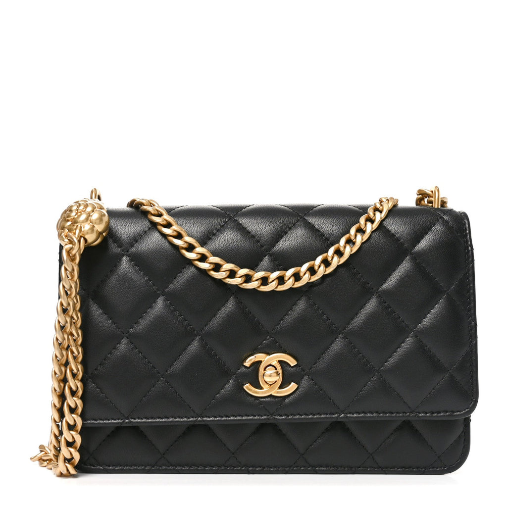 Lambskin Quilted Sweet Camellia Wallet on Chain WOC Black