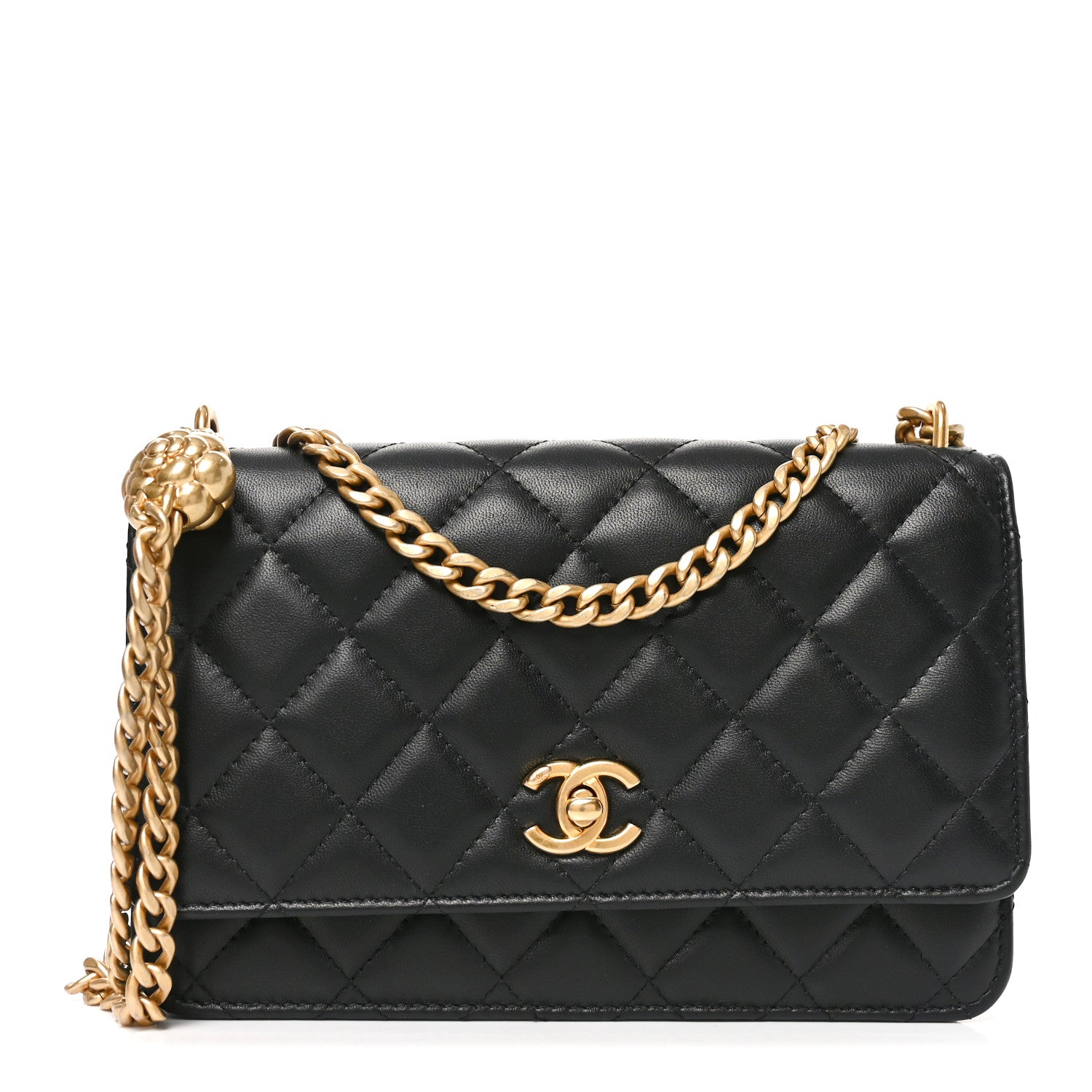 Lambskin Quilted Sweet Camellia Wallet on Chain WOC Black