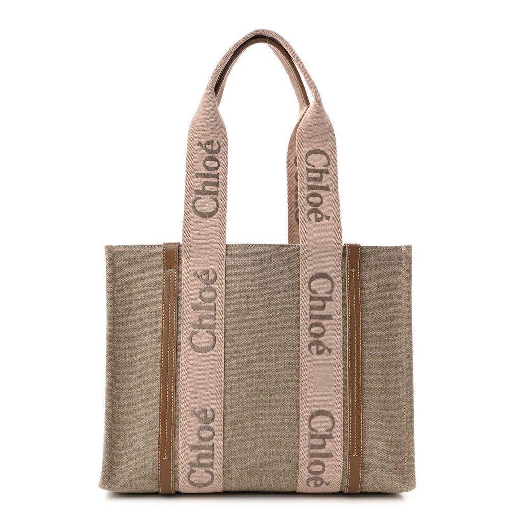 Linen Calfskin Medium Woody Ribbon Tote Blushy Beige