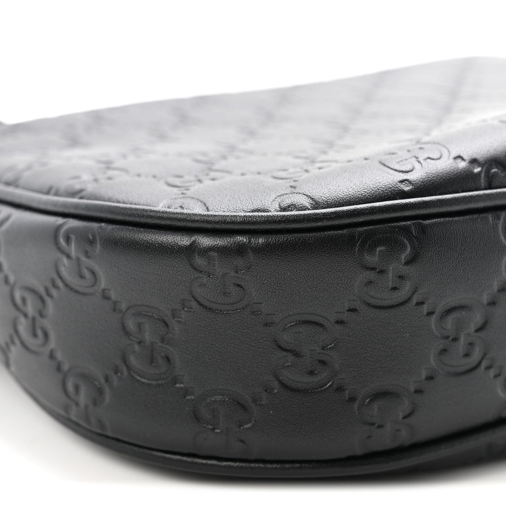 GG Calfskin Embossed Emblem Medium Half Moon Shoulder Bag Black
