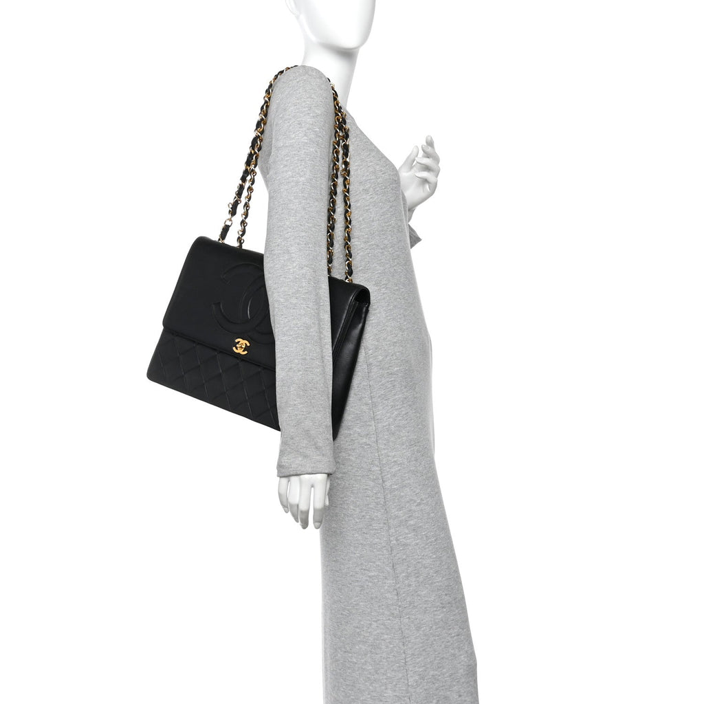 Lambskin Quilted CC Maxi Jumbo Single Flap Black Black