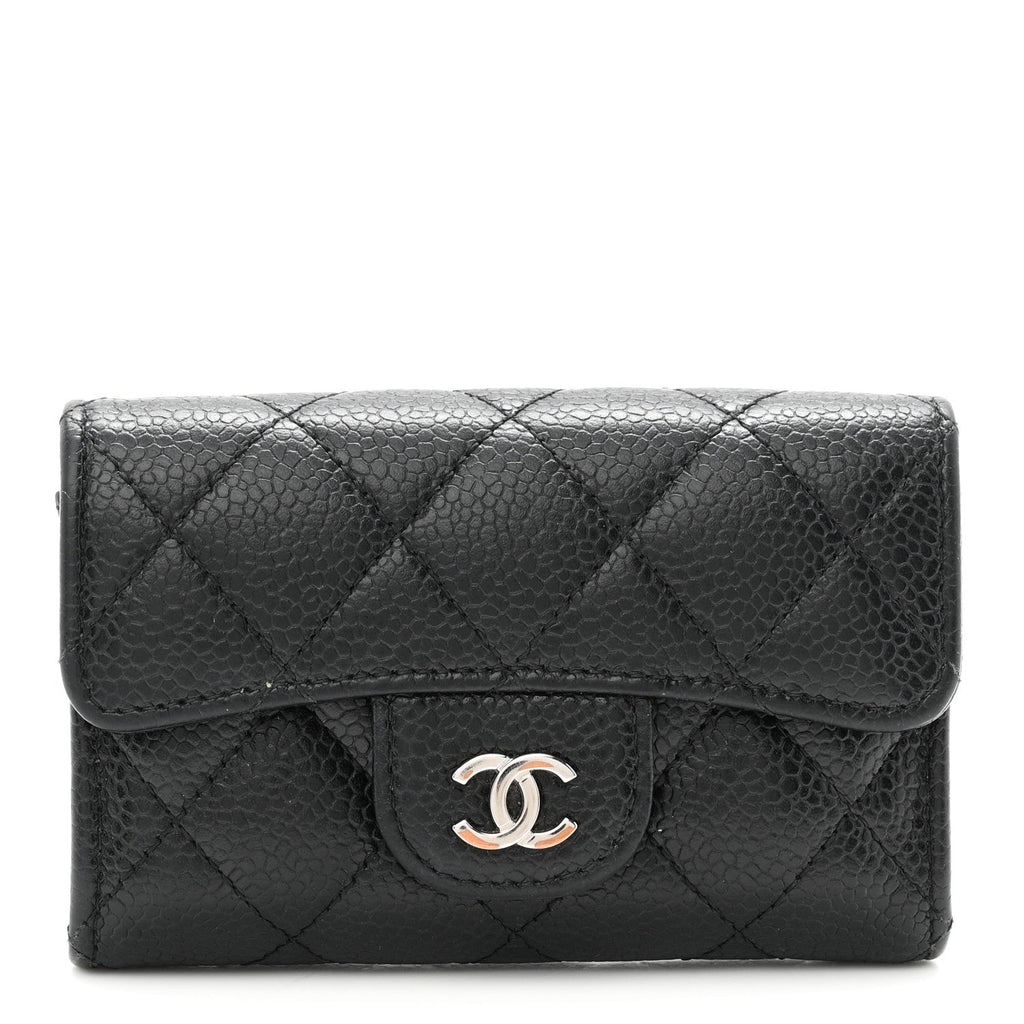 Caviar Quilted Flap Card Holder Wallet Black
