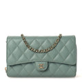Caviar Quilted Phone Holder Wallet on Removable Chain Light Blue