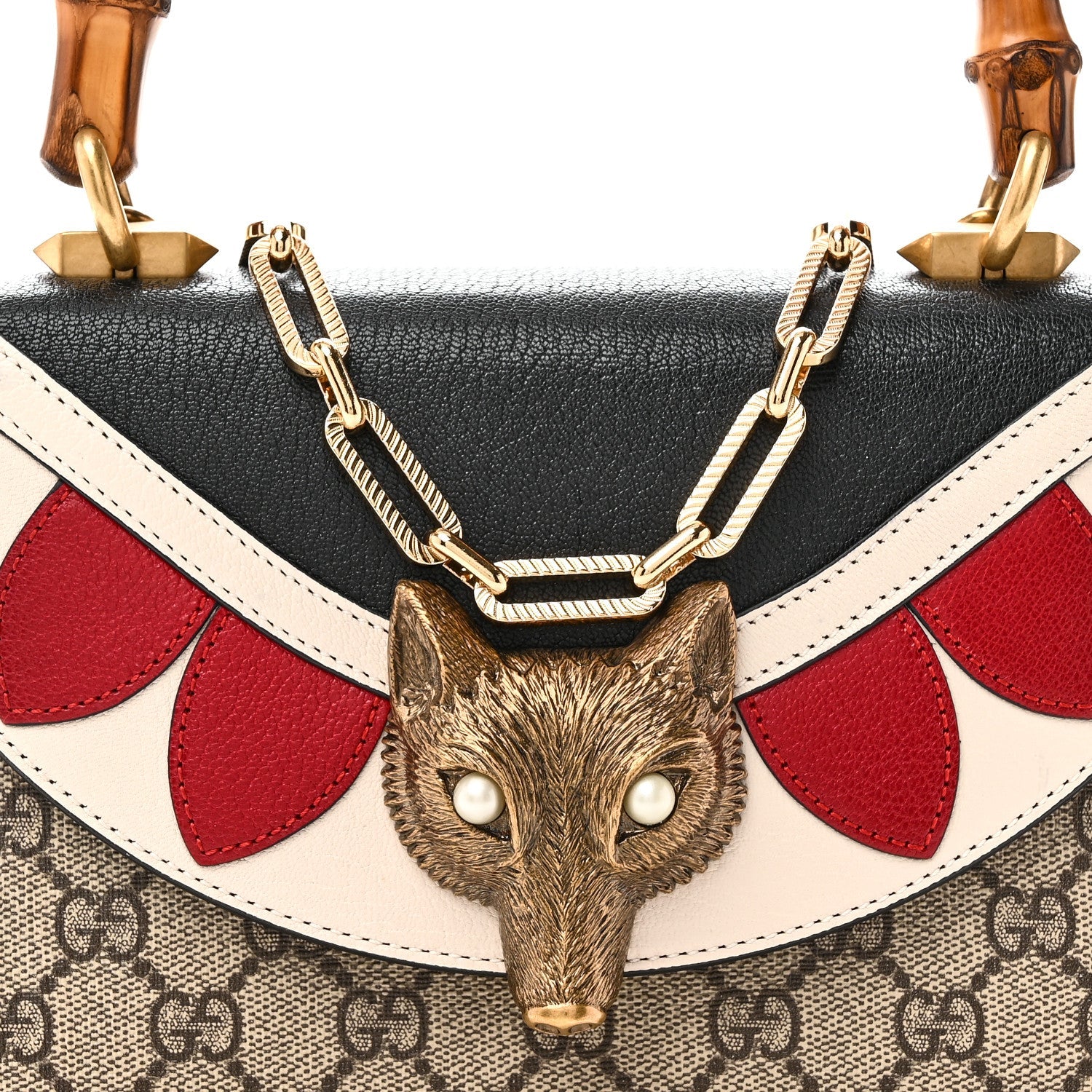 GG Supreme Monogram Goatskin Pearl Mini Fox Broche Bamboo Top Handle Bag Beige Ebony Black Hibiscus Red Mystic White