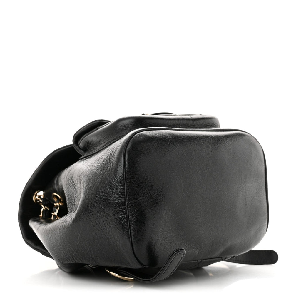 Glazed Aged Calfskin Quilted Small Duma Drawstring Backpack Black