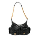 Shiny Lambskin Quilted Trendy Pockets Hobo Black