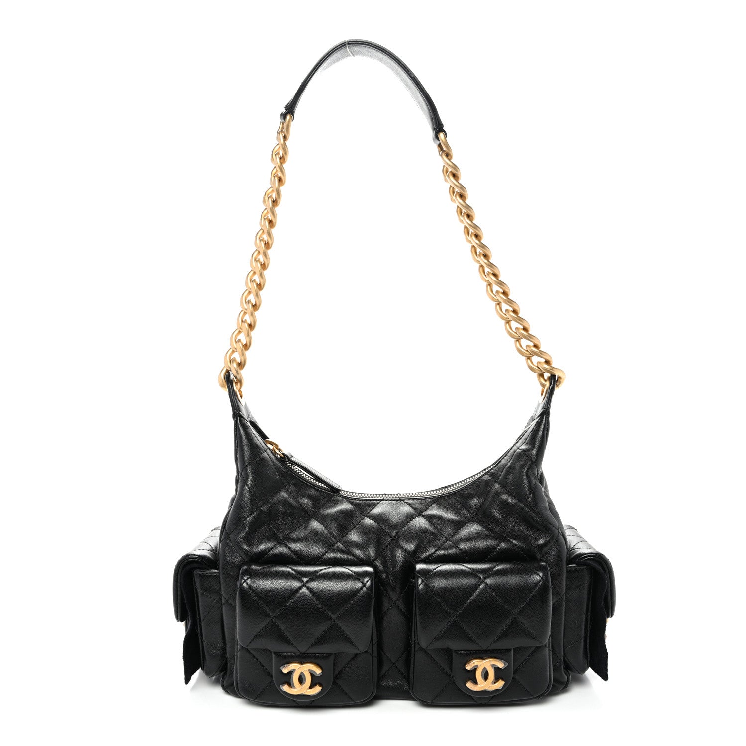 Shiny Lambskin Quilted Trendy Pockets Hobo Black