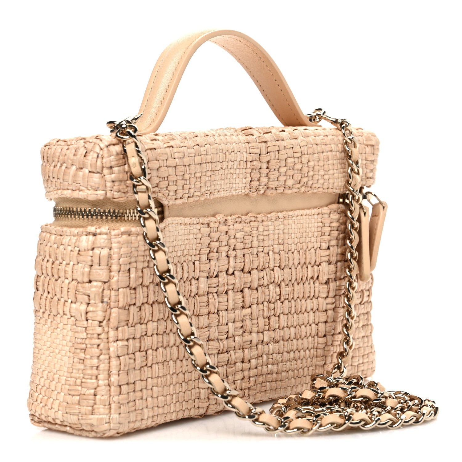 Braided Raffia Quilted Top Handle Slim Vanity Case With Chain Beige