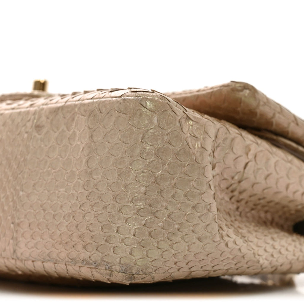 Metallic Snakeskin Medium Double Flap Light Beige