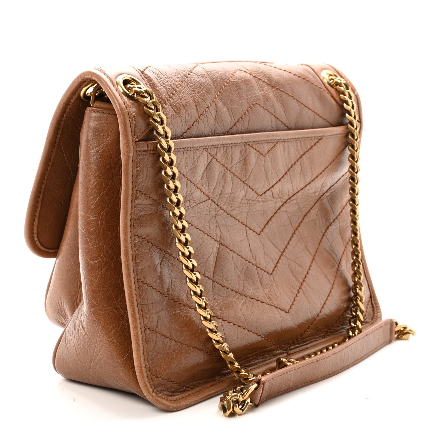 Crinkled Calfskin Matelasse Monogram Medium Niki Chain Satchel Caramel