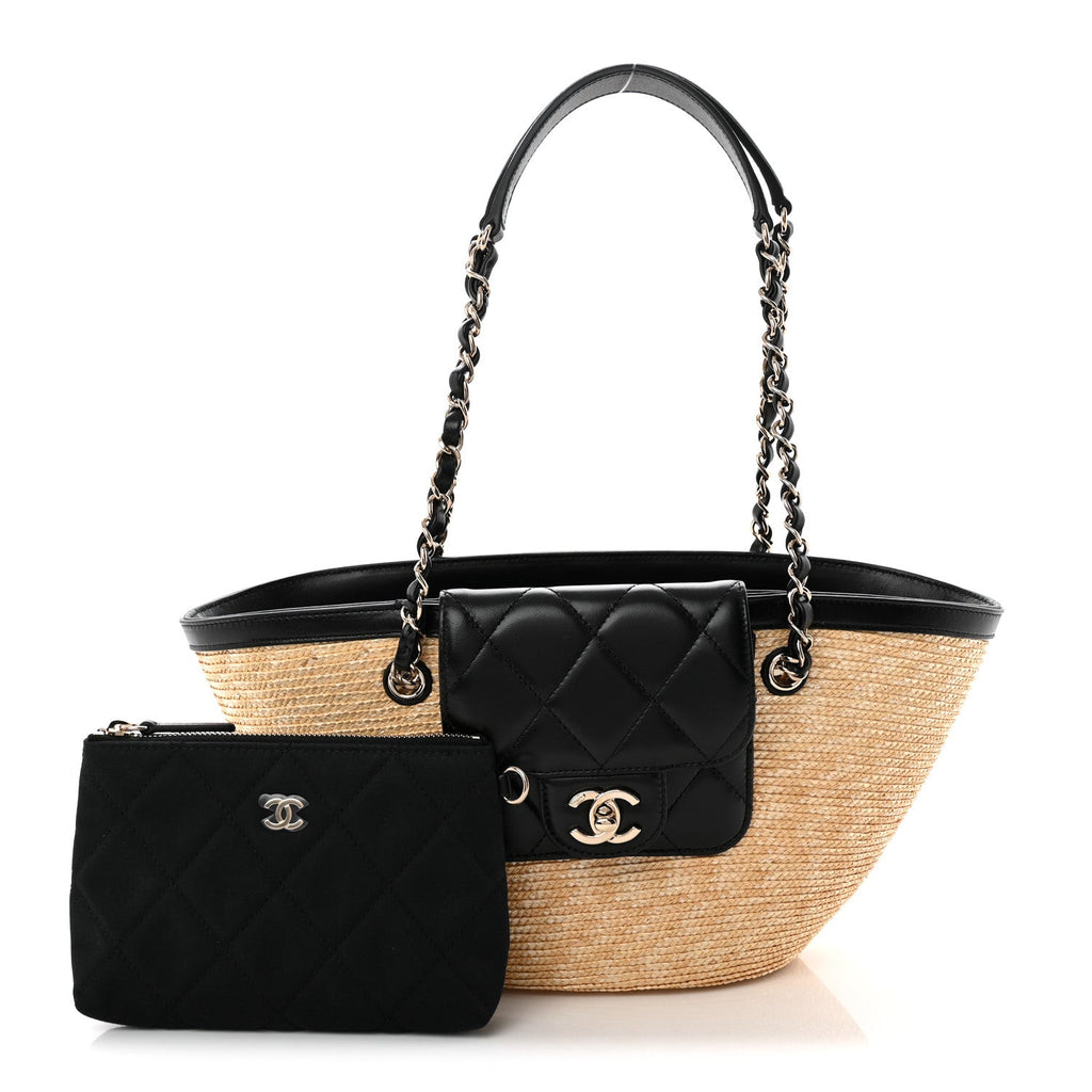 Raffia Braided Lambskin Small Shopping Tote Beige Black Beige Black