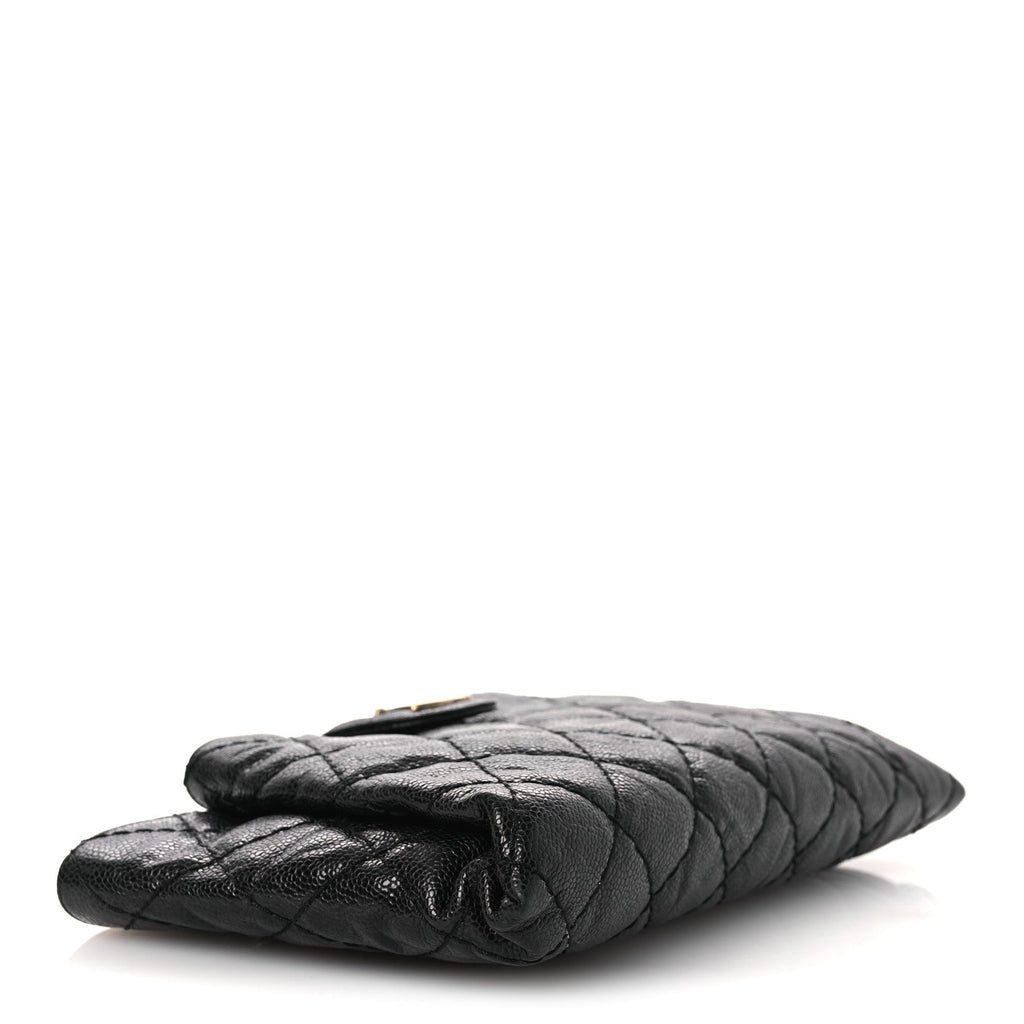 Crumpled Grained Calfskin Quilted Coco Pleats Clutch Black