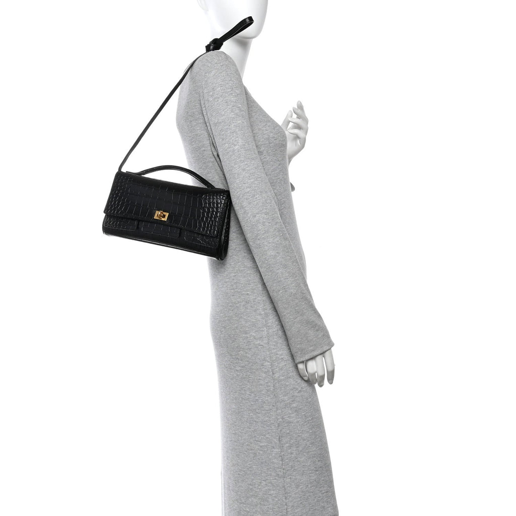 Crocodile Embossed Small Bel Air Clutch On Strap Black