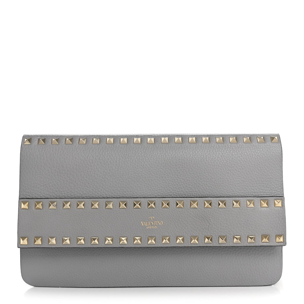 Pebble Calfskin Rockstud Side Slip Wristlet Clutch Pastel Grey