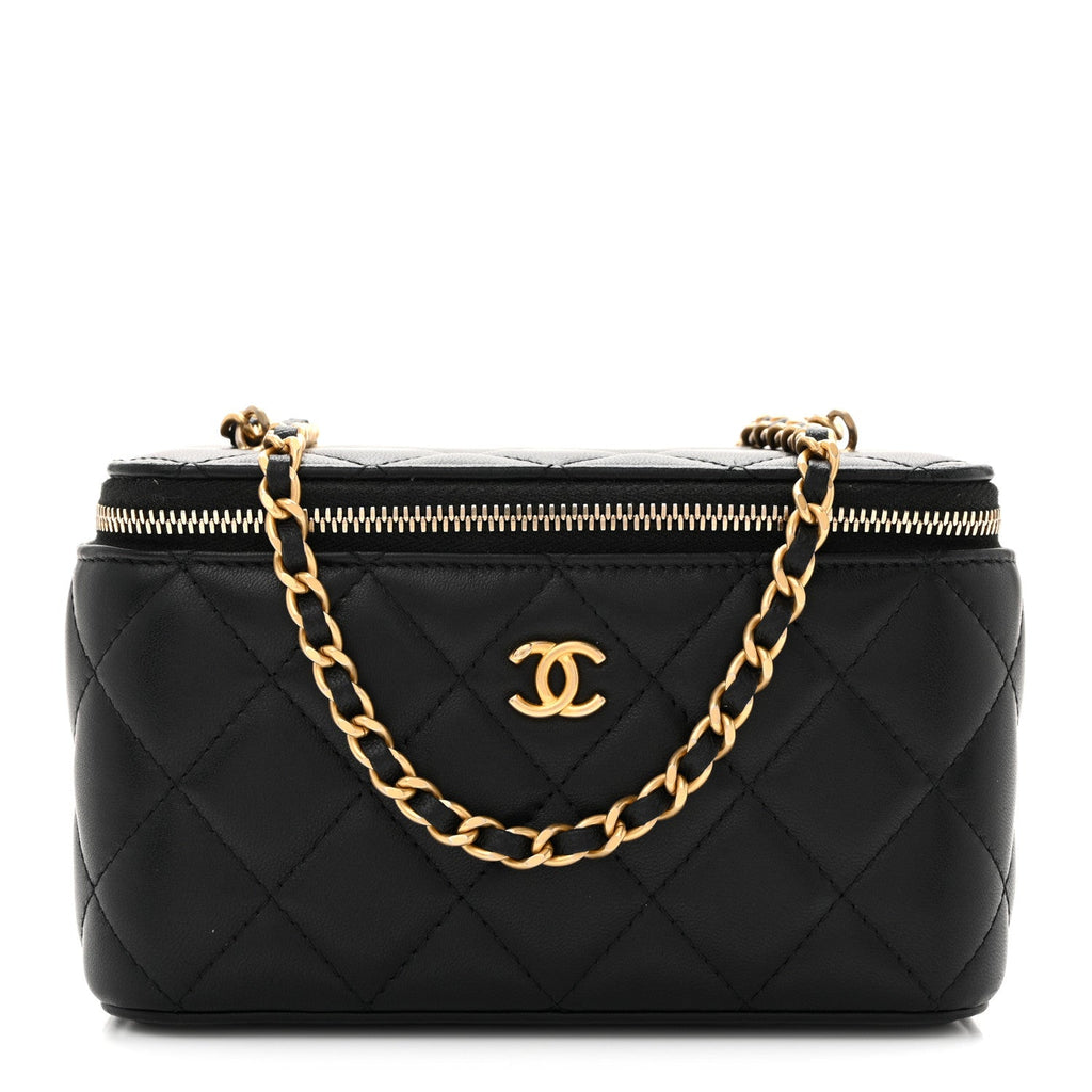 Lambskin Quilted Pearl Crush Small Vanity Case With Chain Black