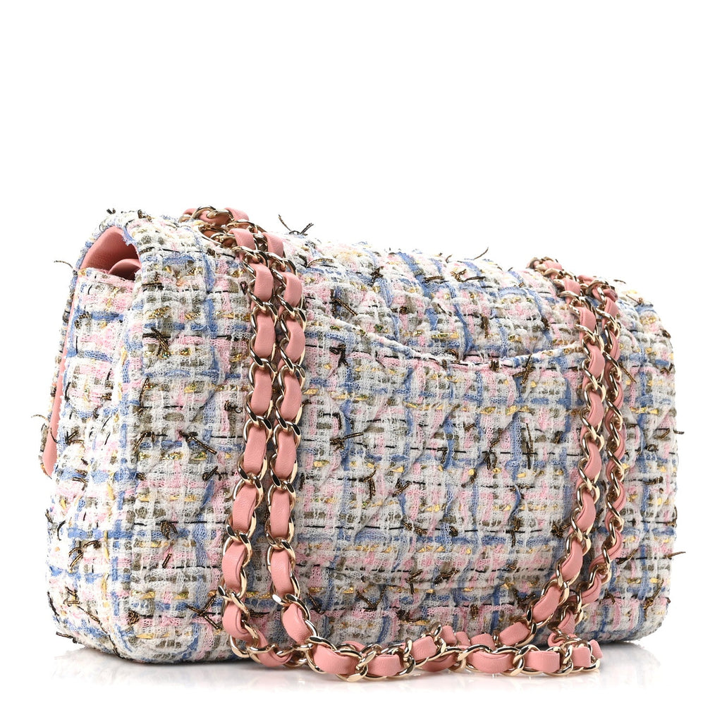Tweed Quilted Medium Double Flap Blue Pink Gold White