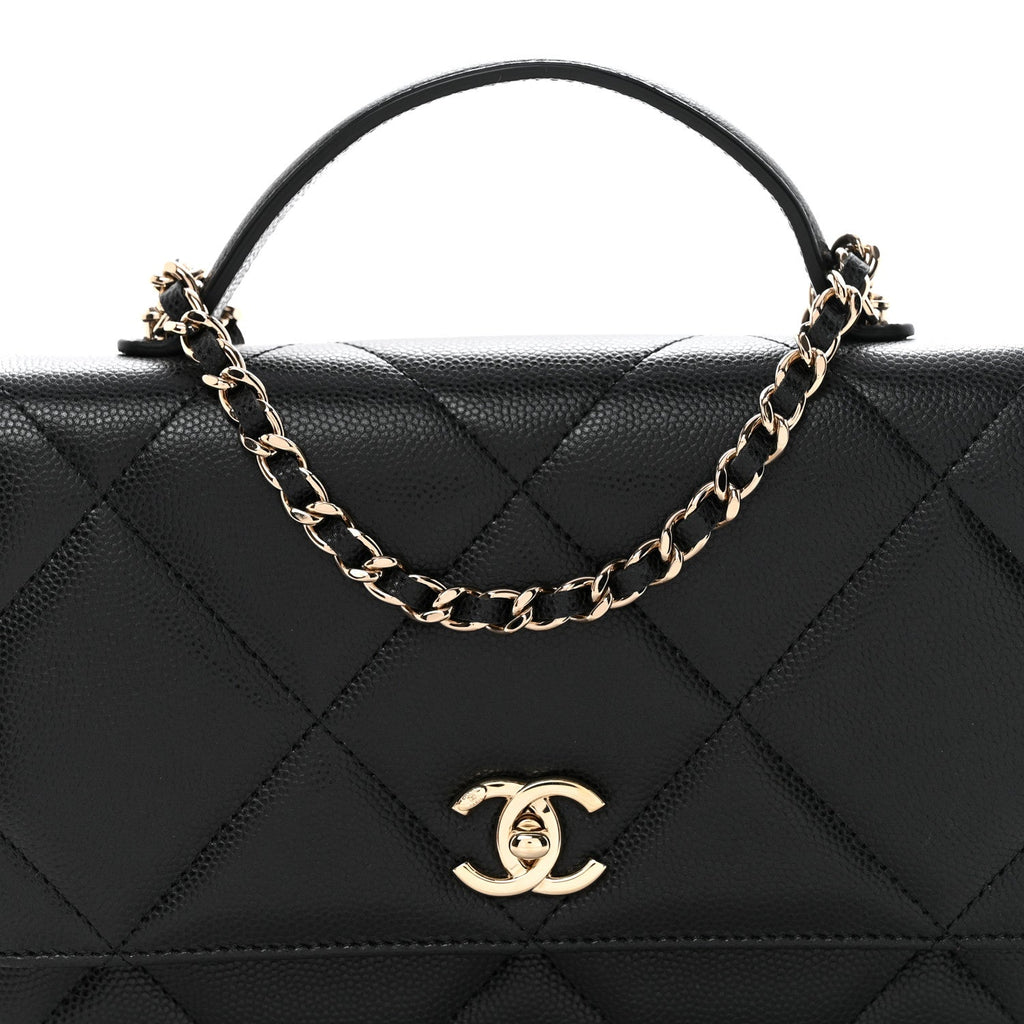 Shiny Caviar Quilted Turnlock Top Handle Wallet On Chain WOC Black