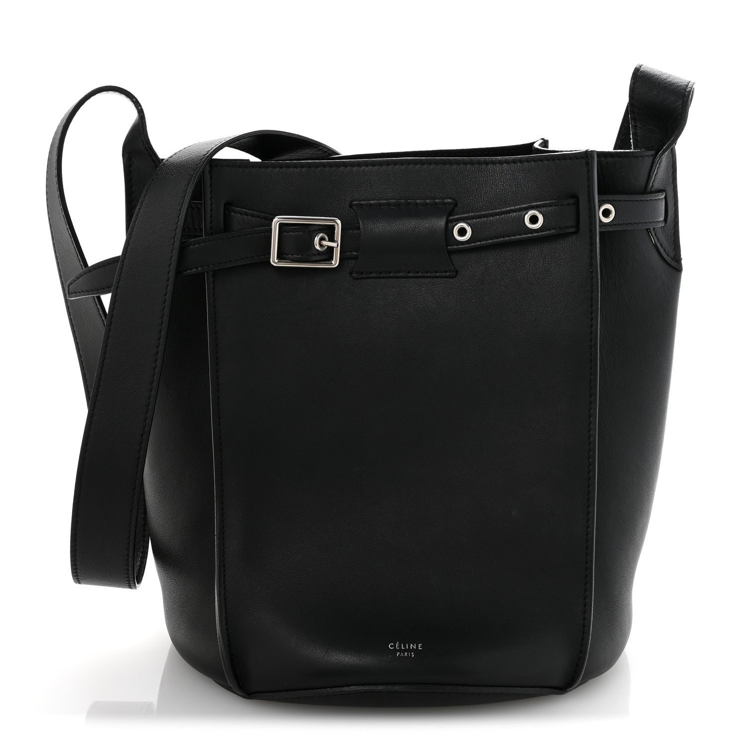 Supple Grained Calfskin Long Strap Big Bag Bucket Black