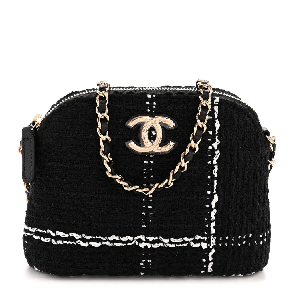 Tweed Quilted Mini Clutch With Chain Black White
