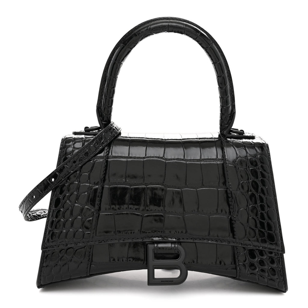Shiny Calfskin Monochrome Crocodile Embossed Small Hourglass Top Handle Bag Black