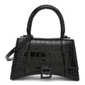 Shiny Calfskin Monochrome Crocodile Embossed Small Hourglass Top Handle Bag Black