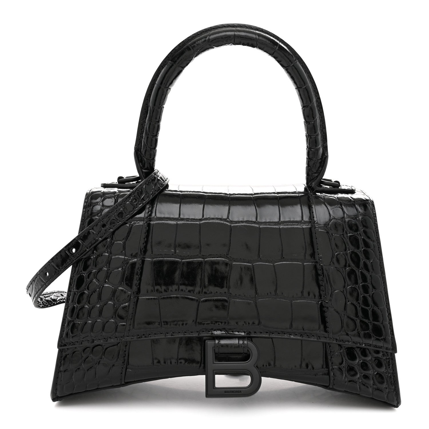 Shiny Calfskin Monochrome Crocodile Embossed Small Hourglass Top Handle Bag Black