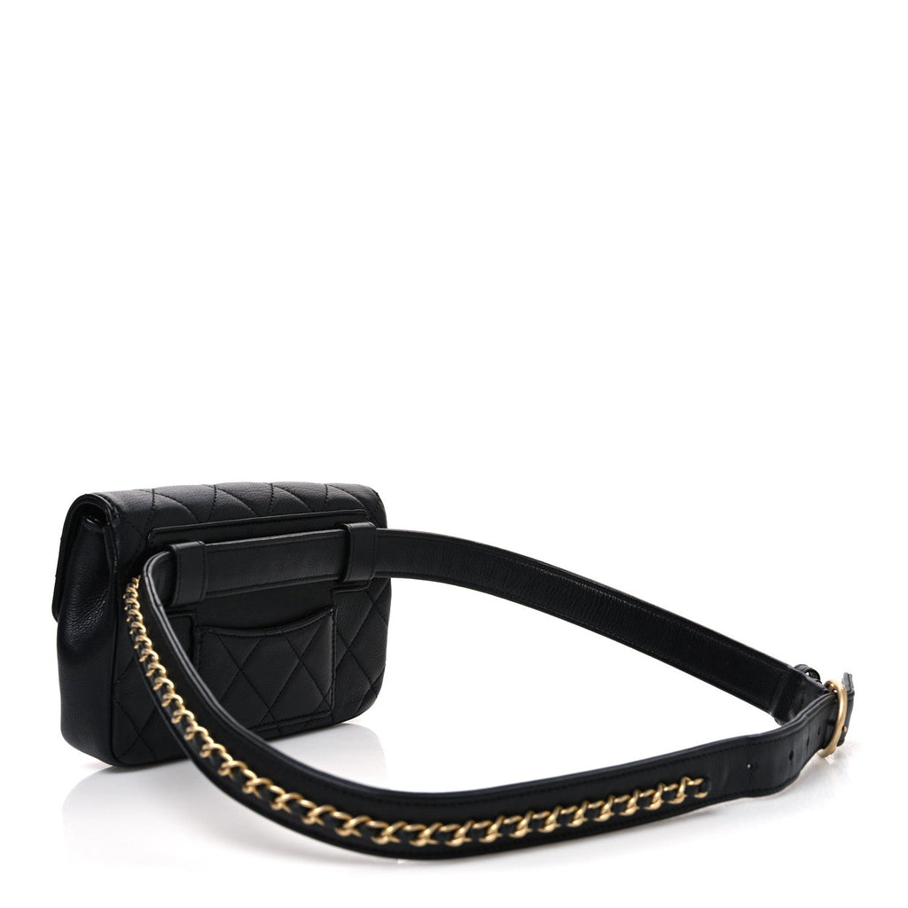 Calfskin Quilted Flap Waist Bag Black