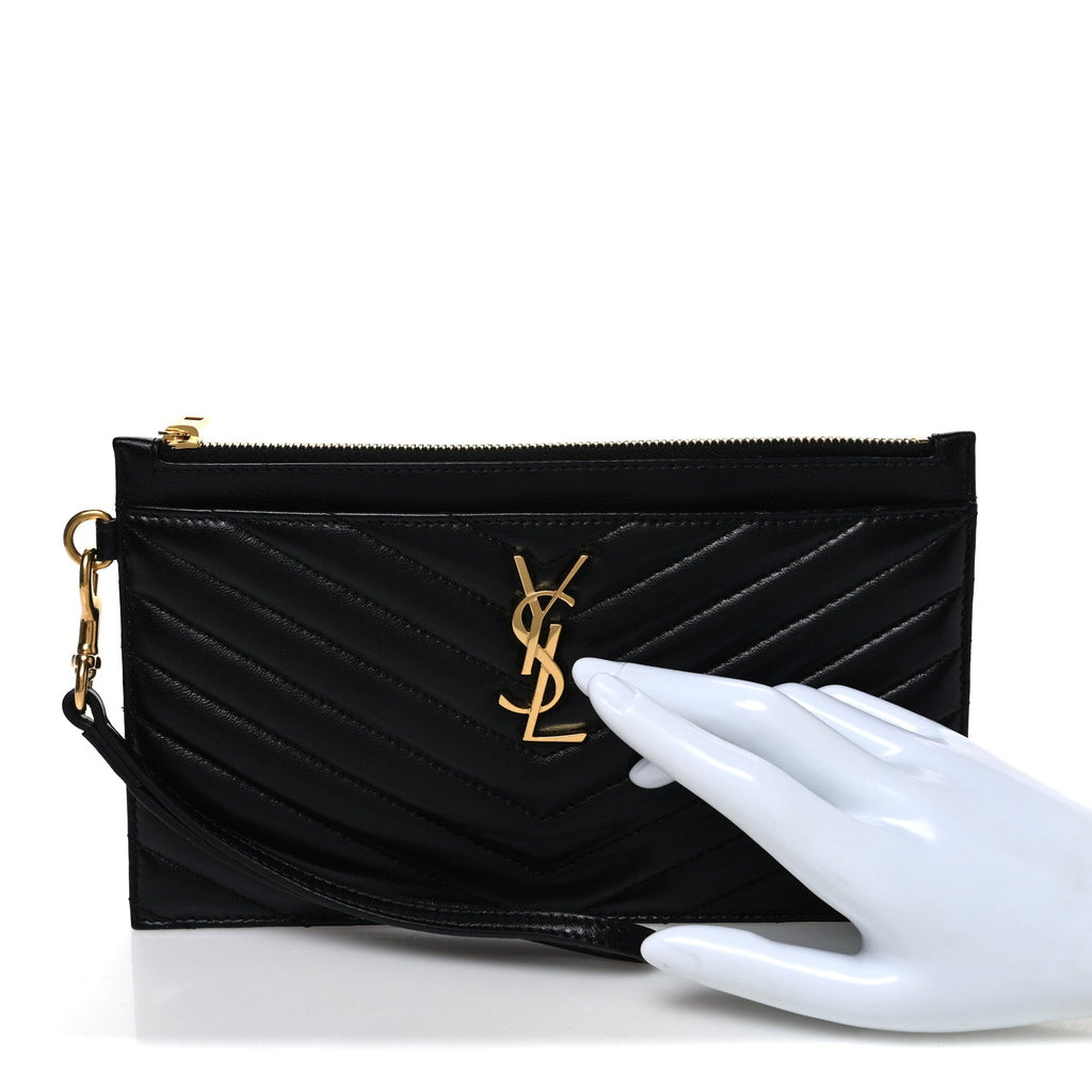 Lambskin Chevron Monogram Large Bill Pouch Black