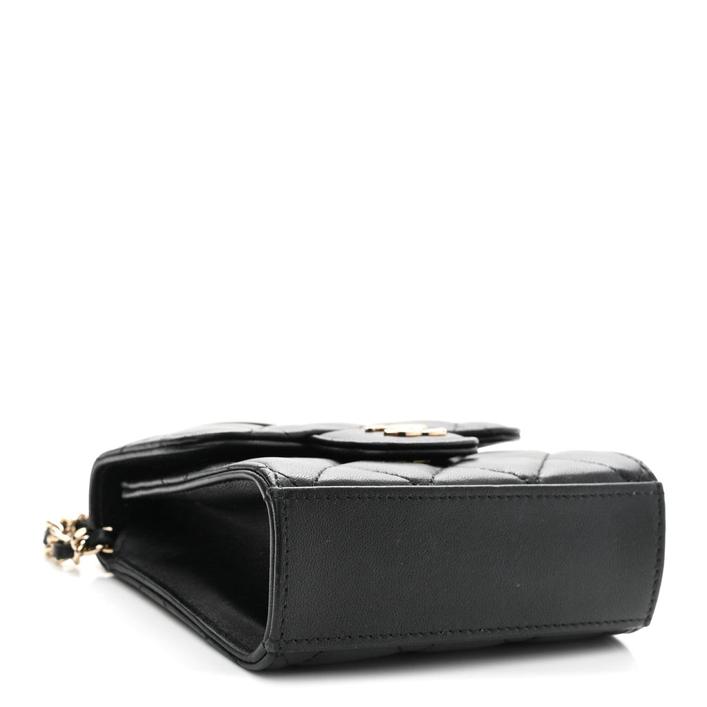 Lambskin Quilted Top Handle Flap Clutch With Chain Black
