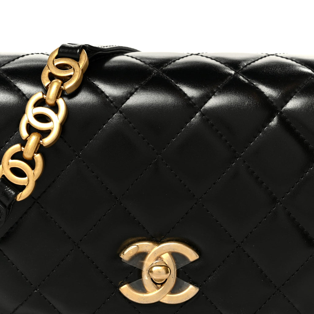 Shiny Calfskin Quilted Suede Goatskin Mini Messenger Black