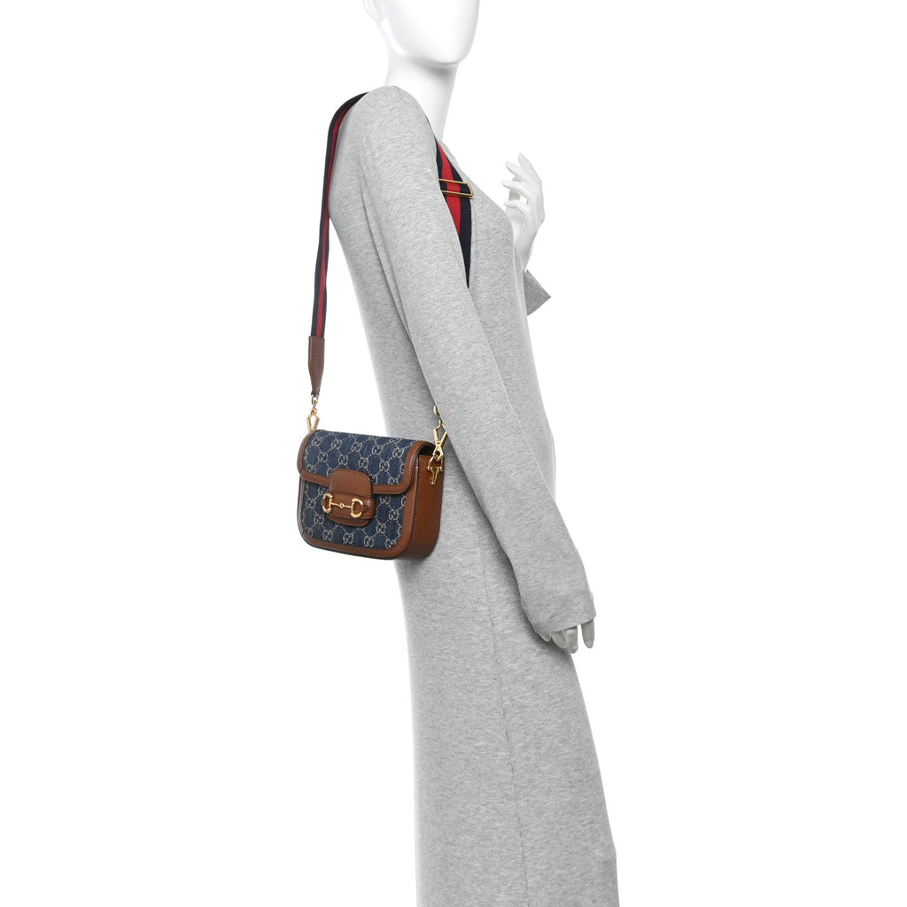New Denim GG Monogram Dollar Calfskin Web Mini Horsebit 1955 Shoulder Bag Blue Tea Cuir Epilog