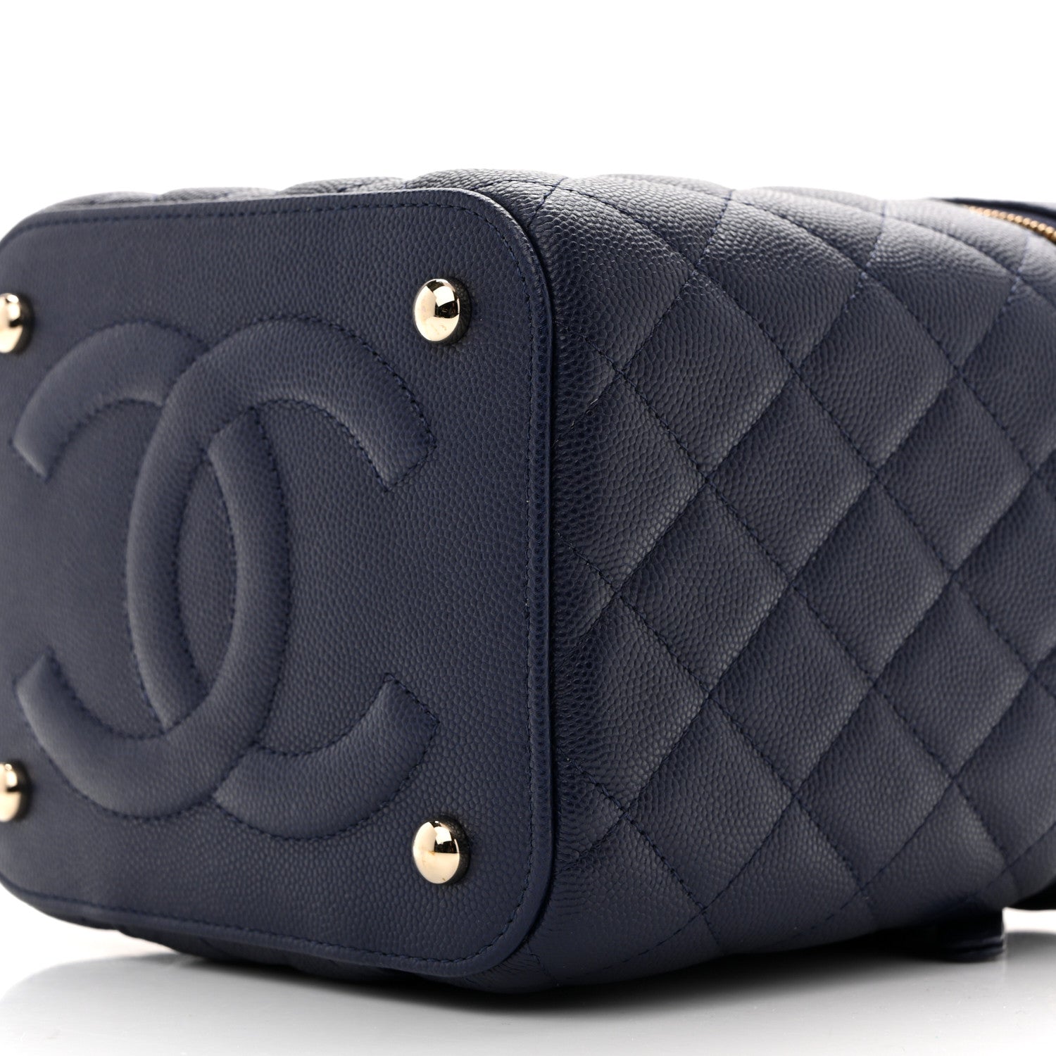 Caviar Quilted Small Top Handle Vanity Case With Chain Navy Blue