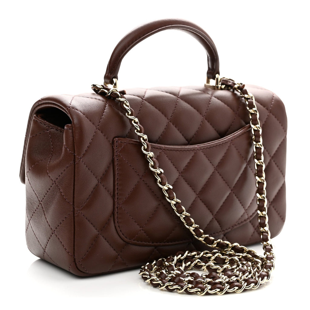 Lambskin Quilted Mini Top Handle Rectangular Flap Dark Brown