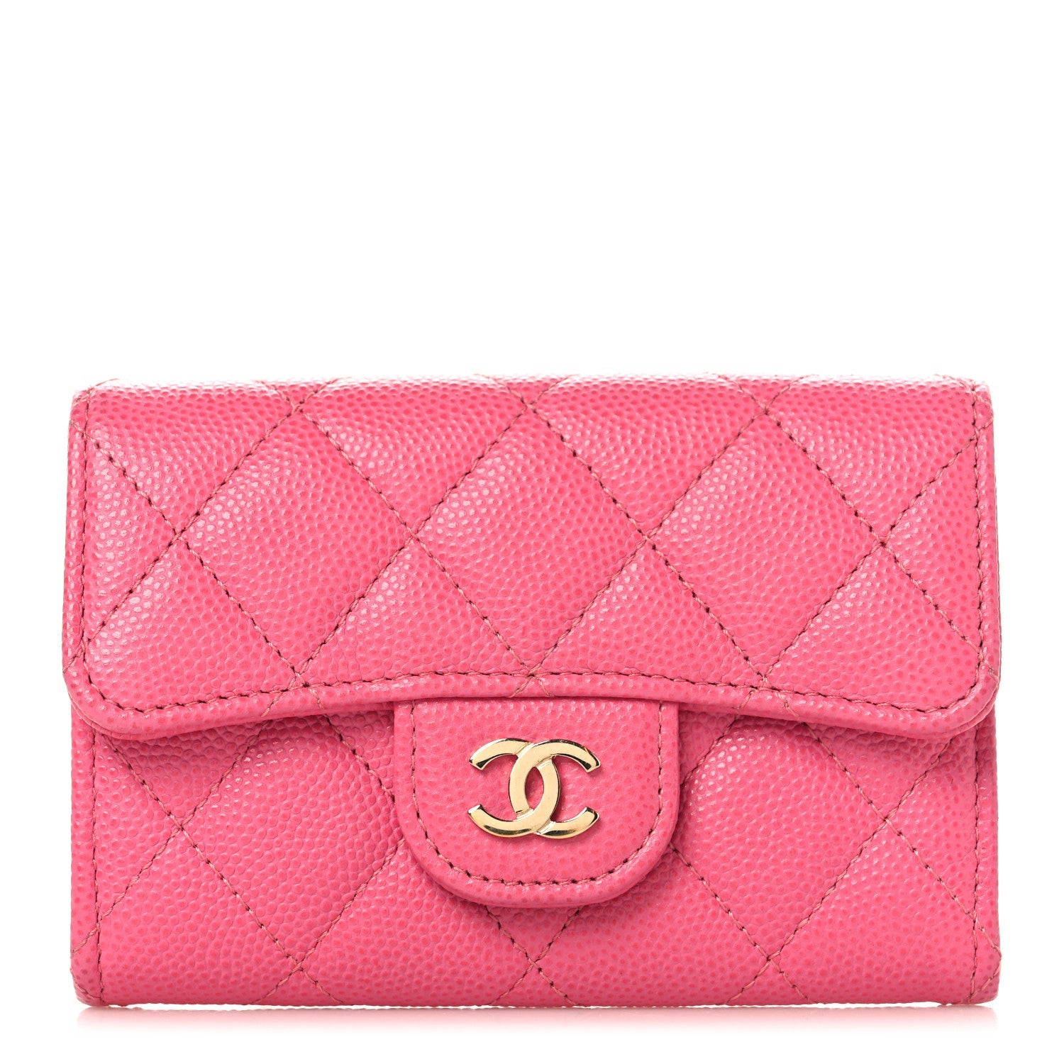 Caviar Quilted Flap Card Holder Wallet Pink