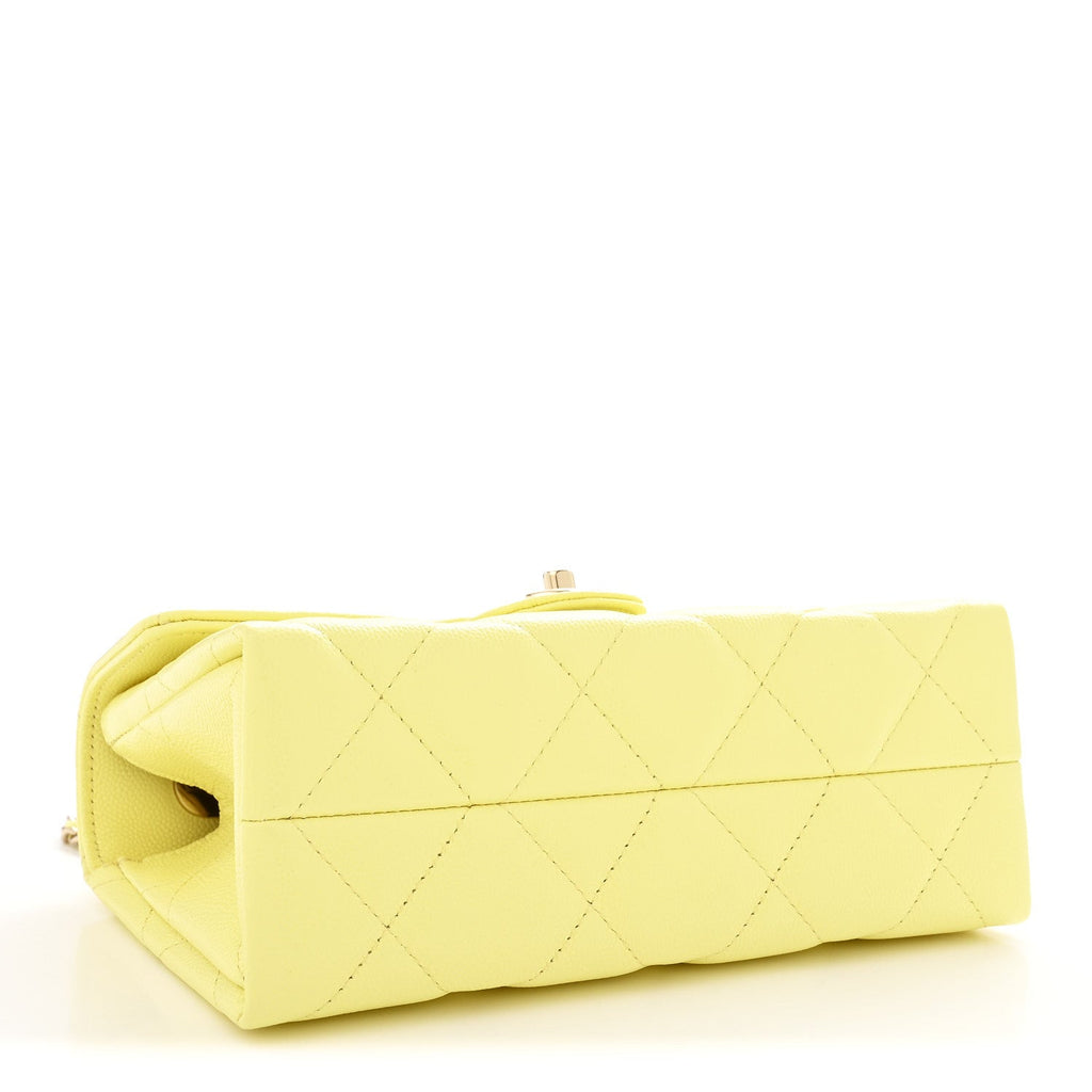 Caviar Quilted Retro Mini Twist Top Handle Clutch Flap Light Yellow
