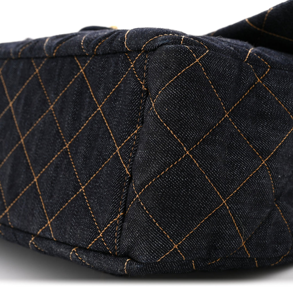 Denim Quilted XXL Travel Flap Bag Dark Blue Orange