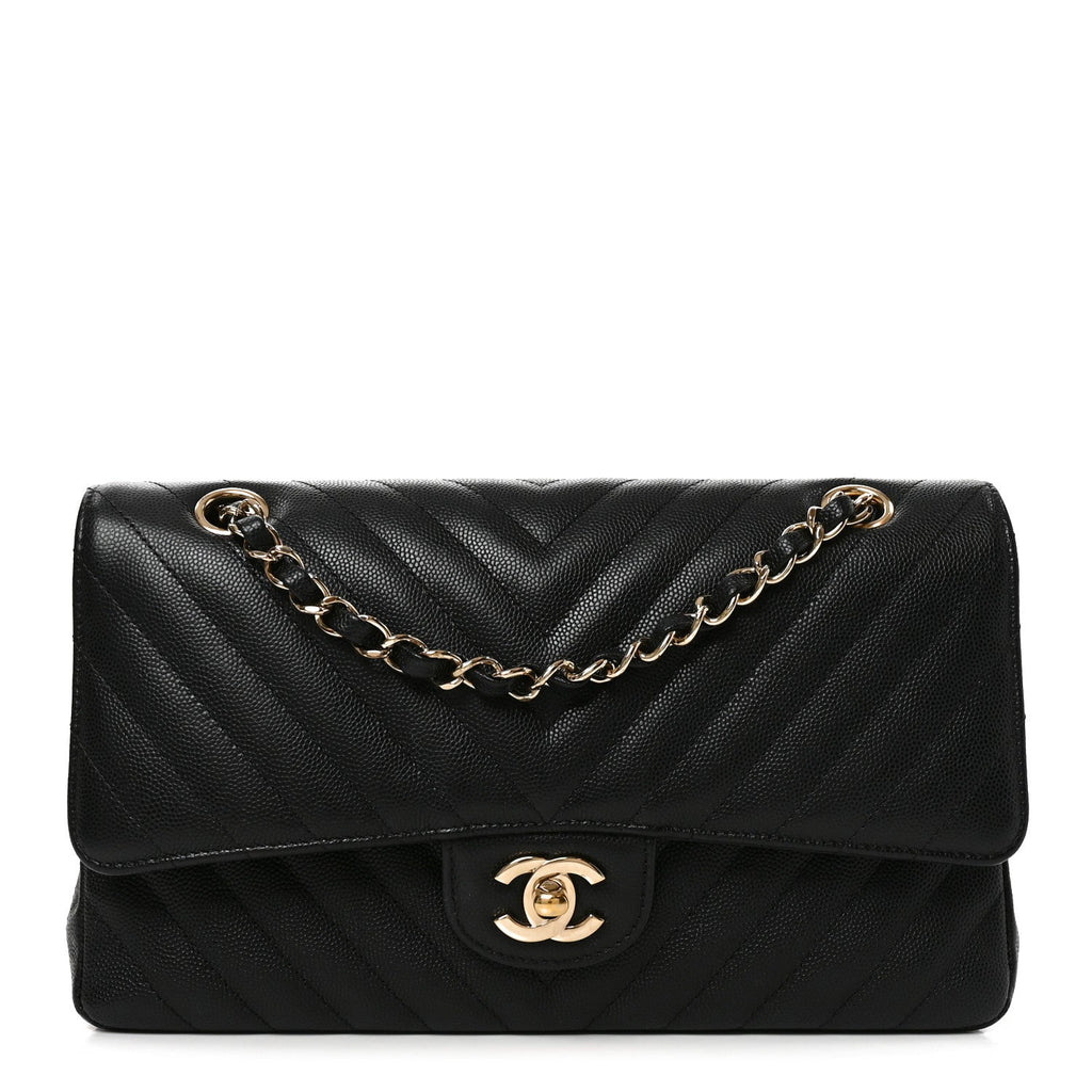 Caviar Chevron Quilted Medium Double Flap Black