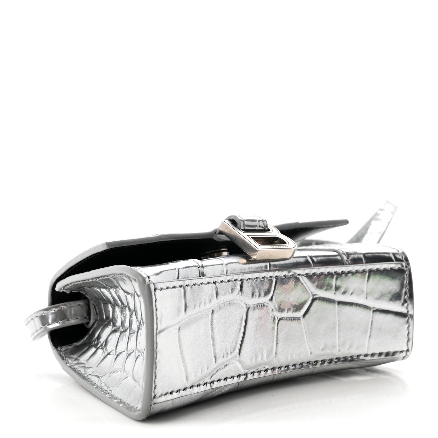 Metallic Calfskin Crocodile Embossed Hourglass Top Handle Bag Mini Silver