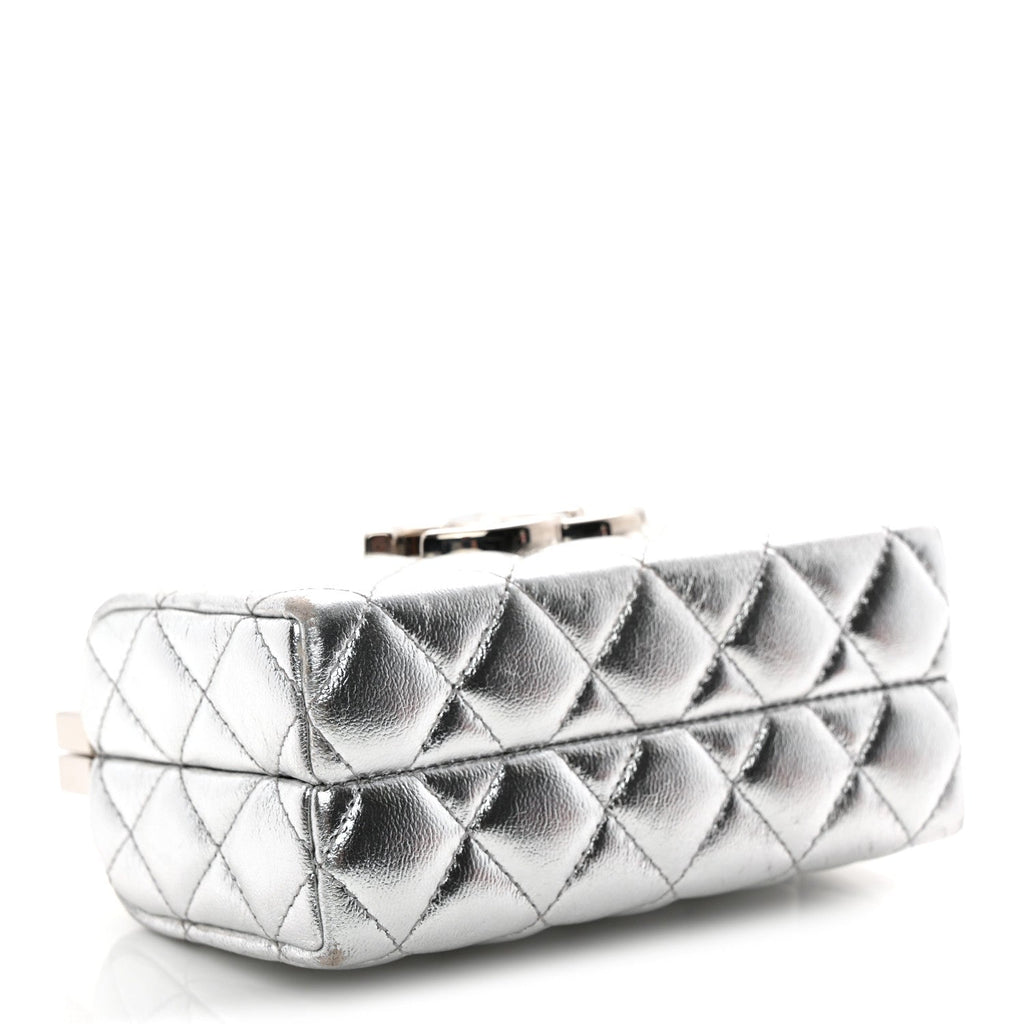 Metallic Calfskin Quilted Box Crossbody Silver