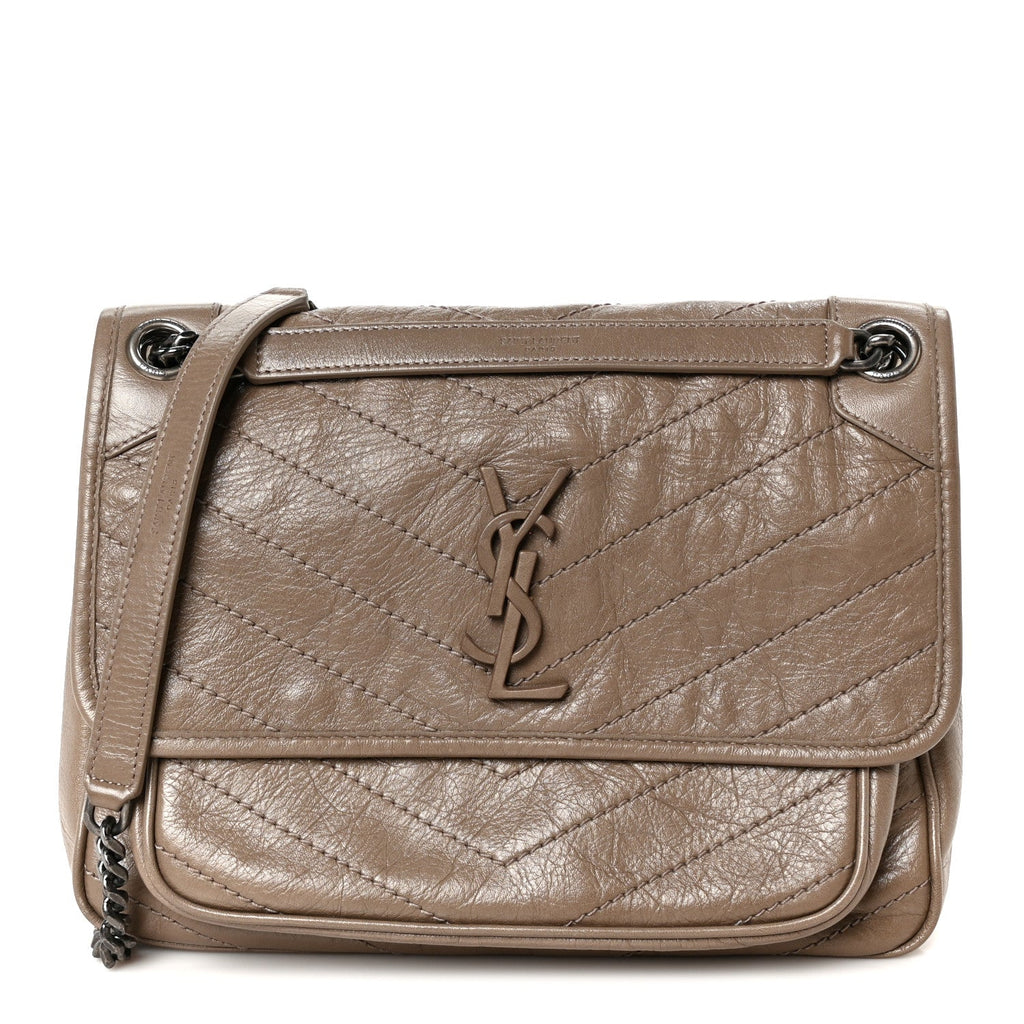 Crinkled Calfskin Matelasse Monogram Medium Niki Chain Satchel Greyish Brown