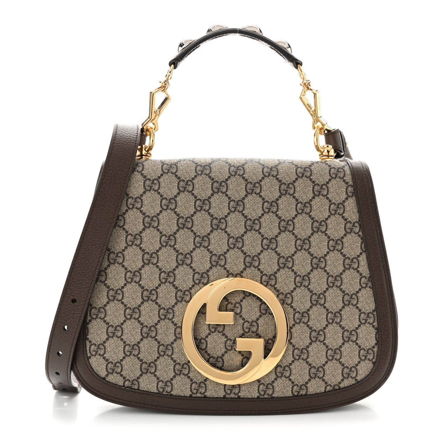 GG Supreme Monogram Textured Dollar Calfskin Web Medium Blondie Top Handle Shoulder Flap Bag Beige Ebony New Acero