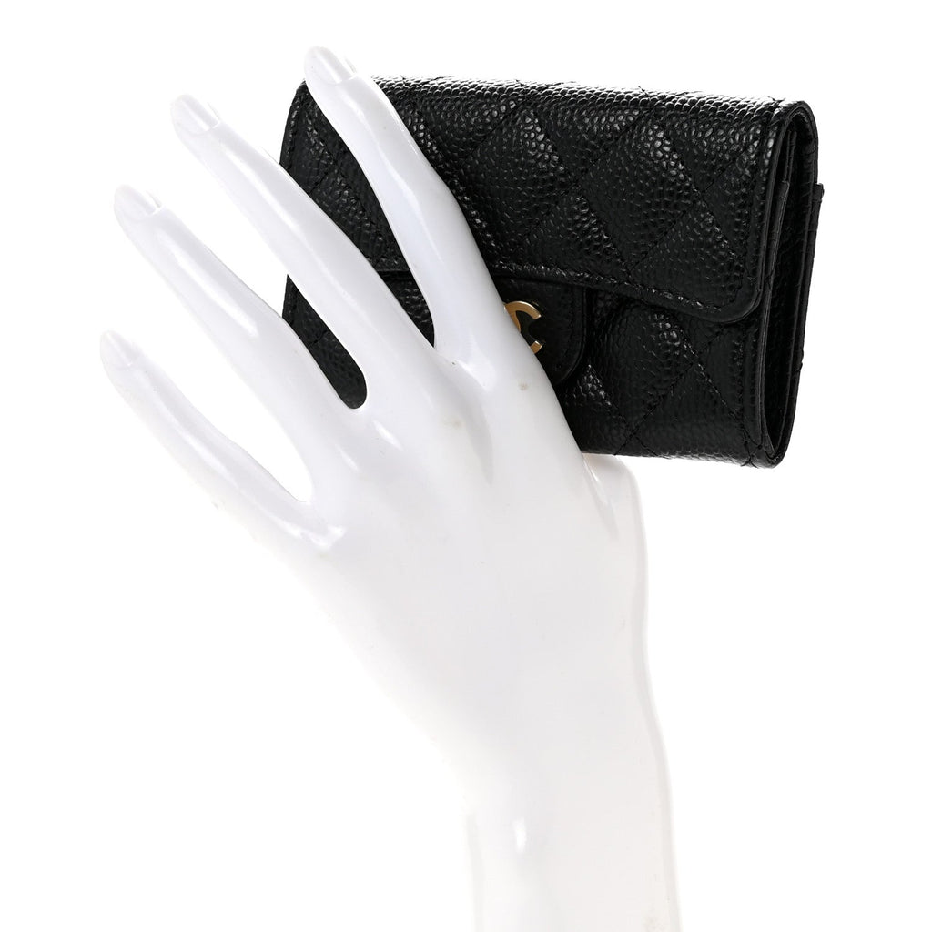 Caviar Quilted Flap Card Holder Wallet Black