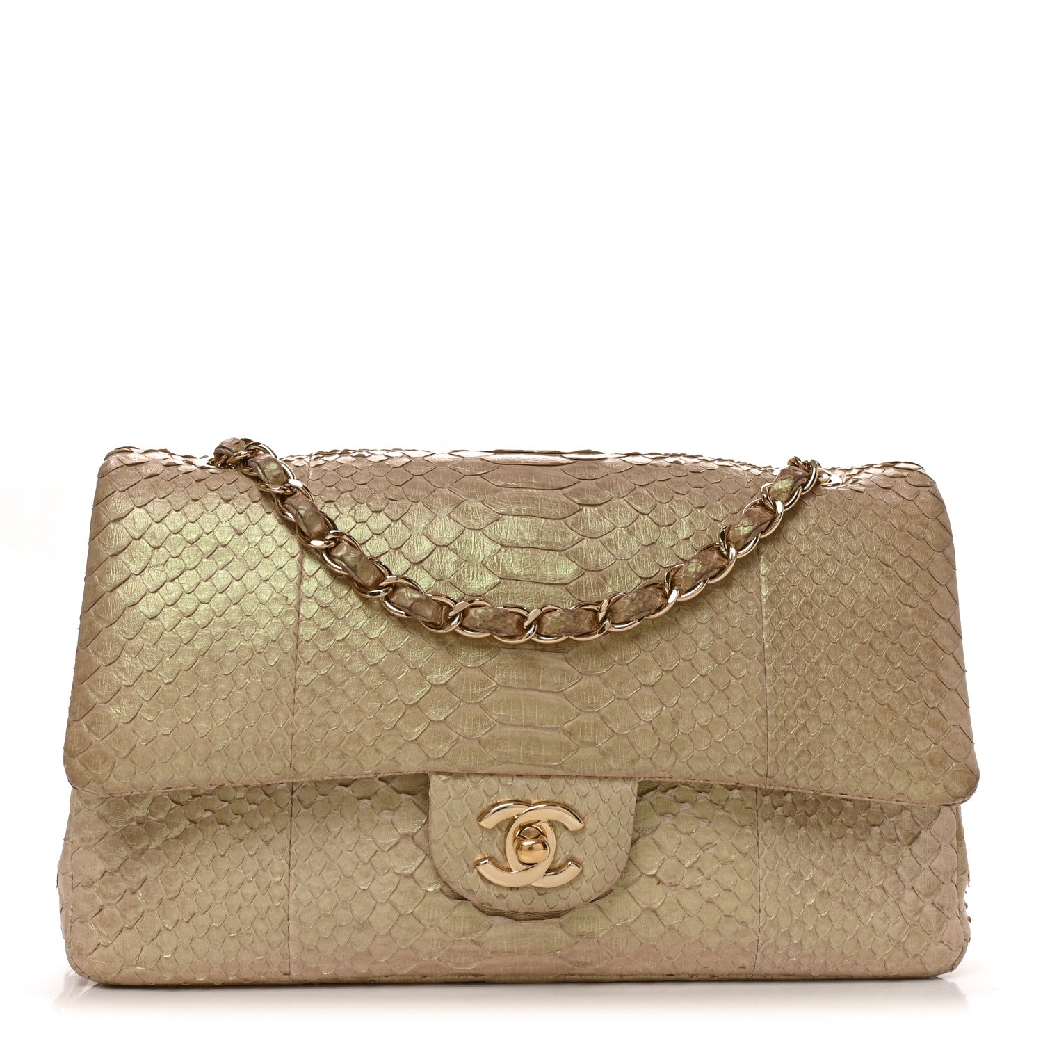 Metallic Snakeskin Medium Double Flap Light Beige