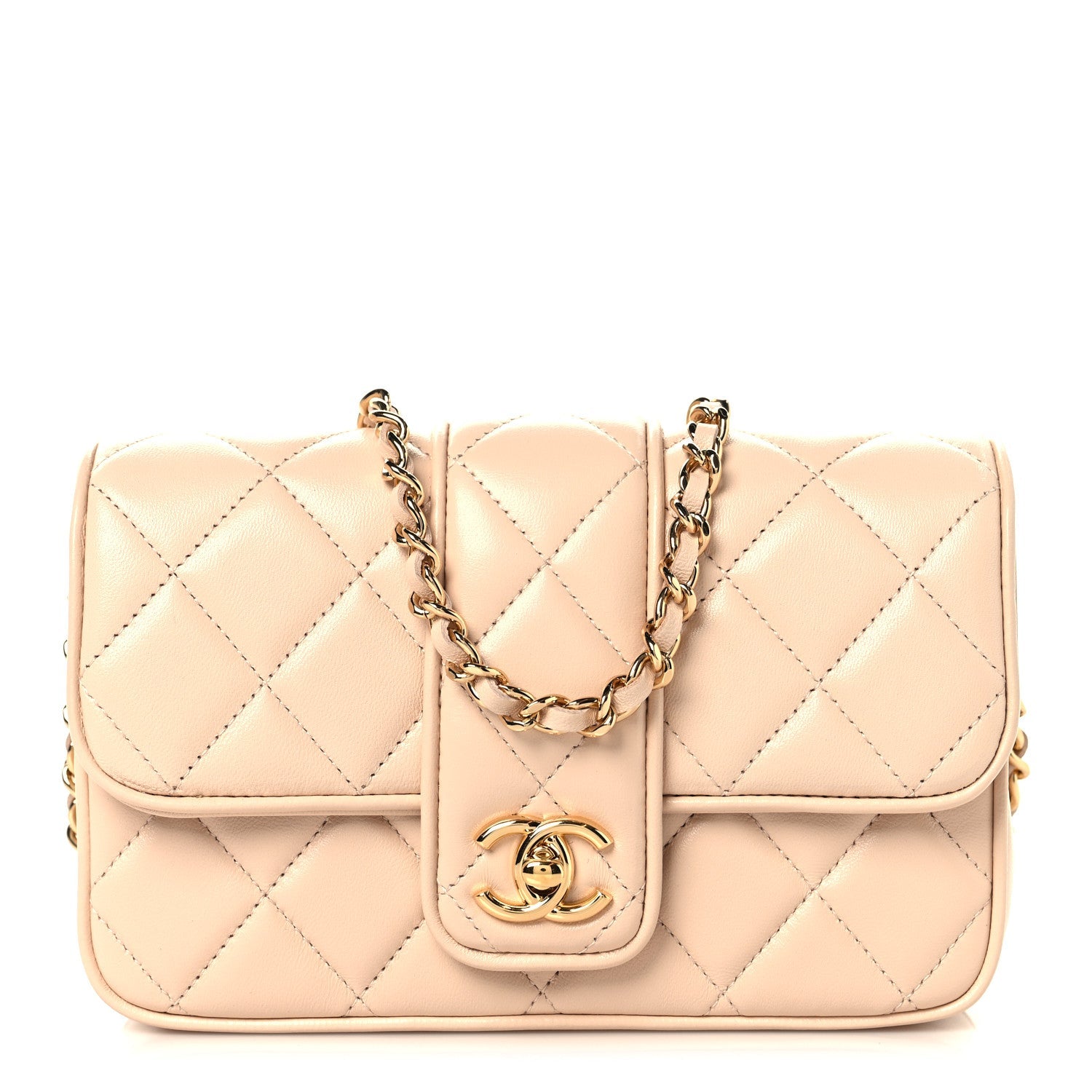 Lambskin Quilted Tab Mini Flap Beige
