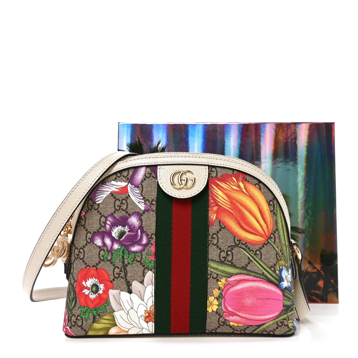 GG Supreme Monogram Flora Web GG Small Ophidia Dome Shoulder Bag White
