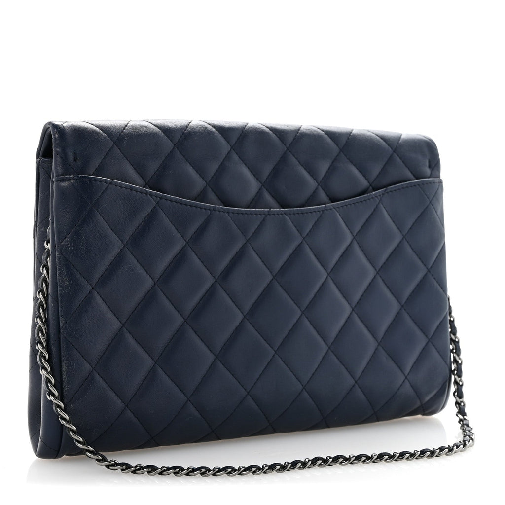 Lambskin Quilted Clutch with Chain Flap Navy