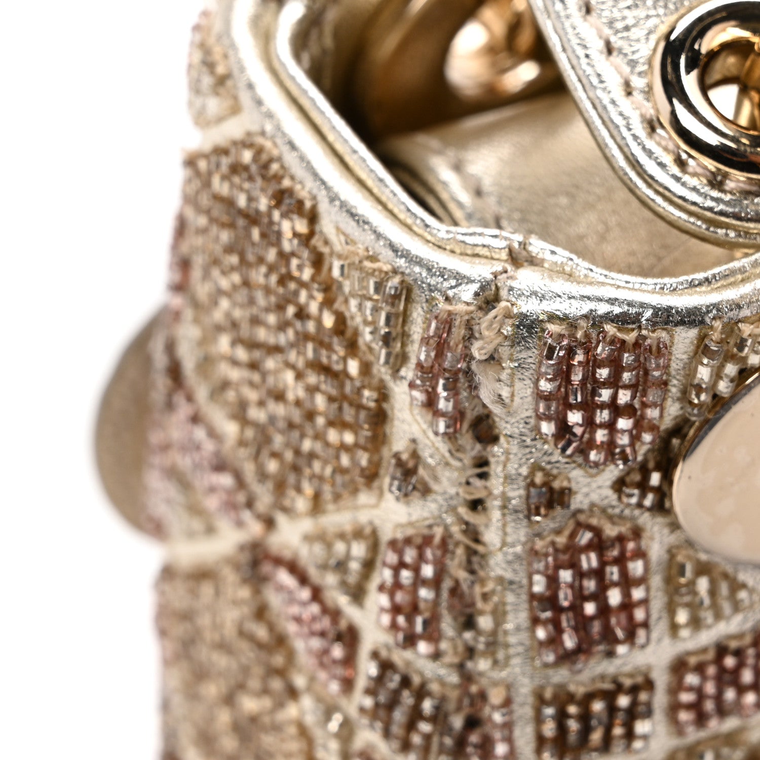 Metallic Lambskin Cannage Beaded Embroidered Micro Lady Dior Gold